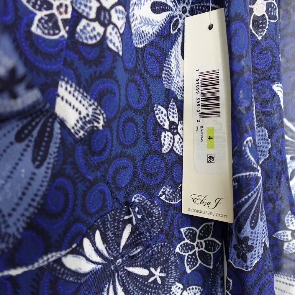 Eliza J Floral Long Sleeve Faux Wrap Midi Dress Blue Butterfly Floral New Size 4 - Picture 11 of 11